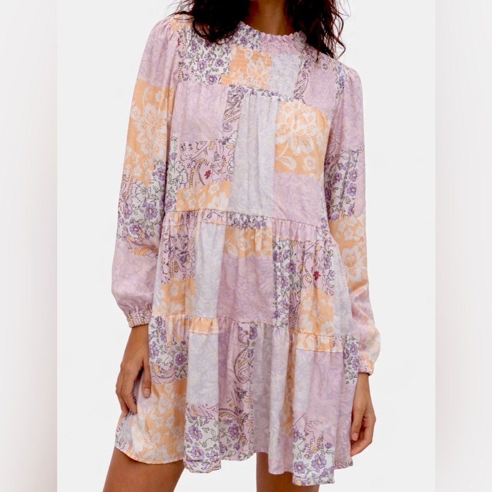 Pastel Patchwork Boho Tiered Mini Dress – Long Sleeve – Size M